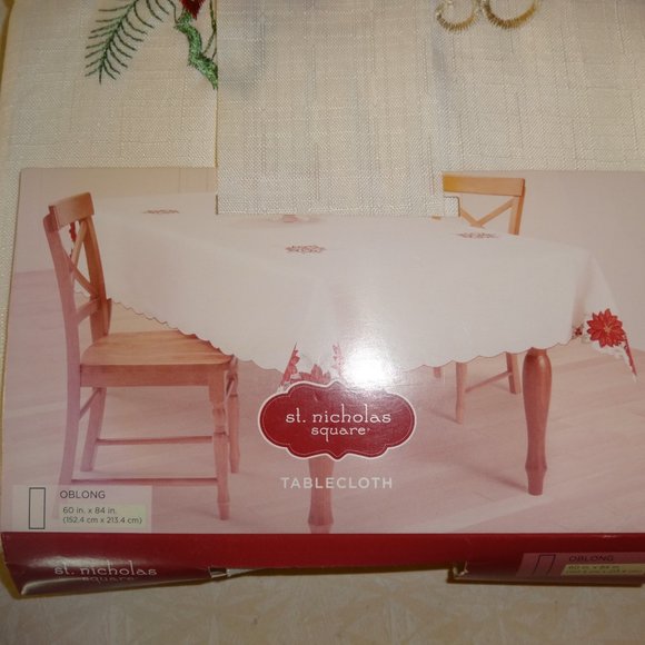 New,St. Nicholas Square Fabric Tablecloth Embroidered Poinsettia 60"x 84" Oblong - Picture 2 of 5